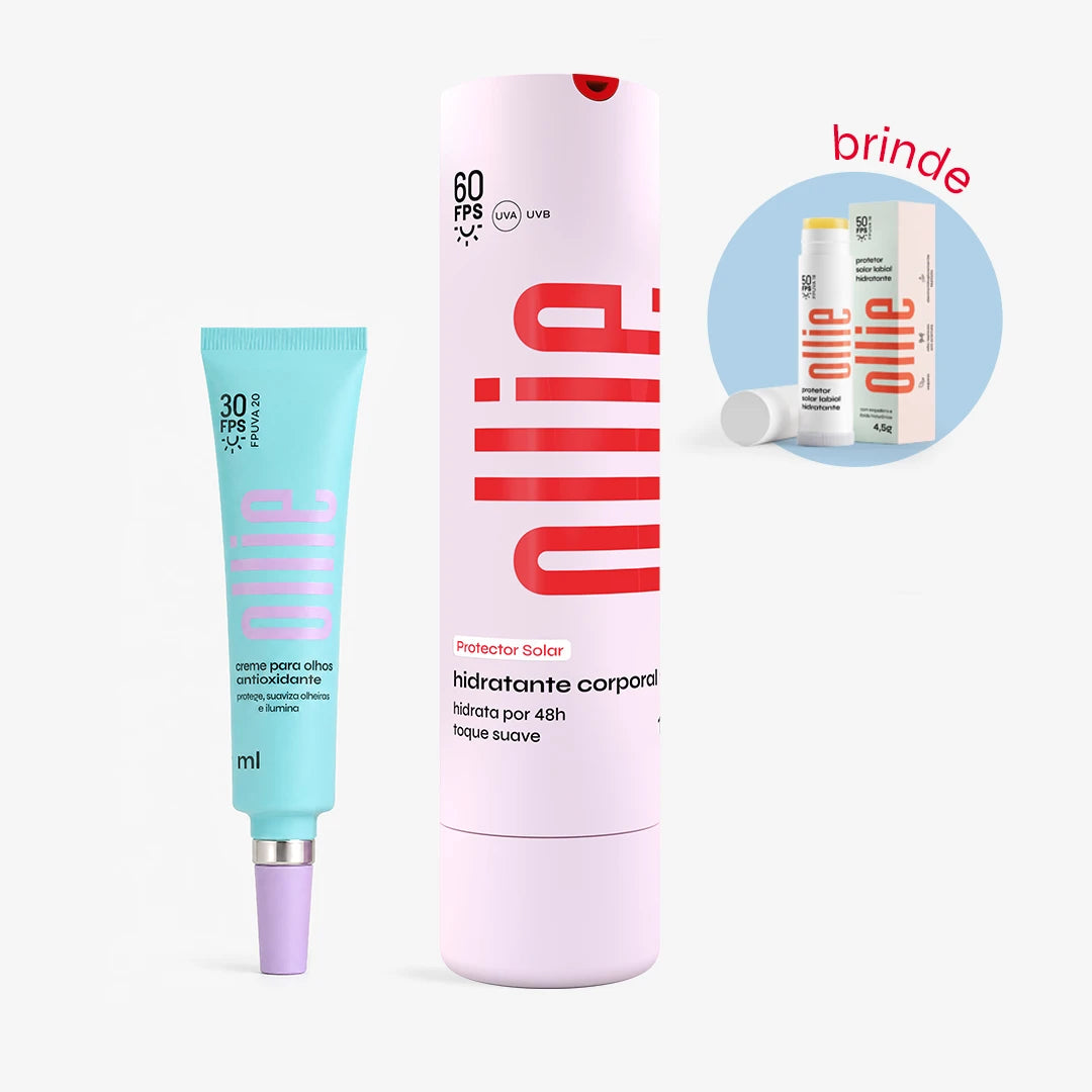dupla altas doses de hidratação e fps ollie: protetor solar hidratante corporal e creme para olhos antioxidante, reunidos em um só kit