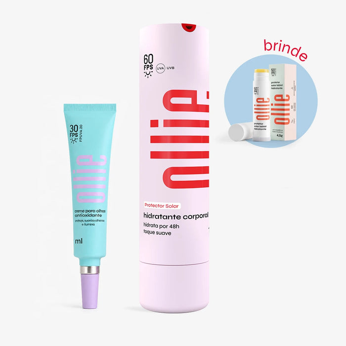 dupla altas doses de hidratação e fps ollie: protetor solar hidratante corporal e creme para olhos antioxidante, reunidos em um só kit