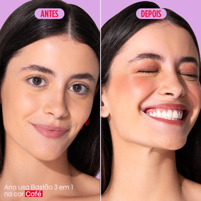 comparação antes e depois do bastão 3 em um na cor café da Ollie na modelo Ana