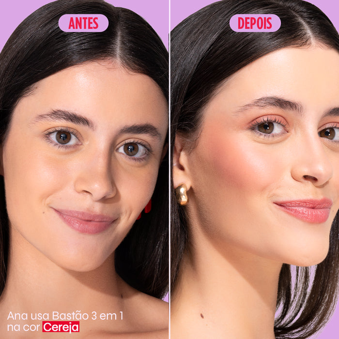 comparação antes e depois do bastão 3 em um na cor cereja da Ollie na modelo Ana
