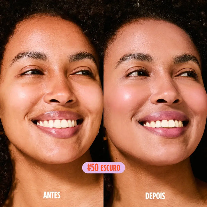 Comparação entre o antes e depois da aplicação do Protetor Solar em Bastão com cor da Ollie tonalidade 