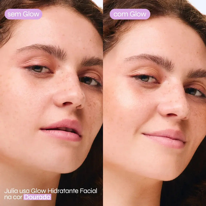 Comparação em rosto de Julia antes e após a aplicação do glow hidratante facial dourado da Ollie.