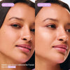 Comparação em rosto de Maria antes e após a aplicação do glow hidratante facial bronze da Ollie.