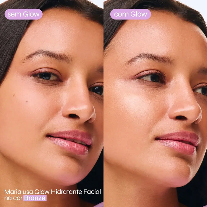 Comparação em rosto de Maria antes e após a aplicação do glow hidratante facial bronze da Ollie.
