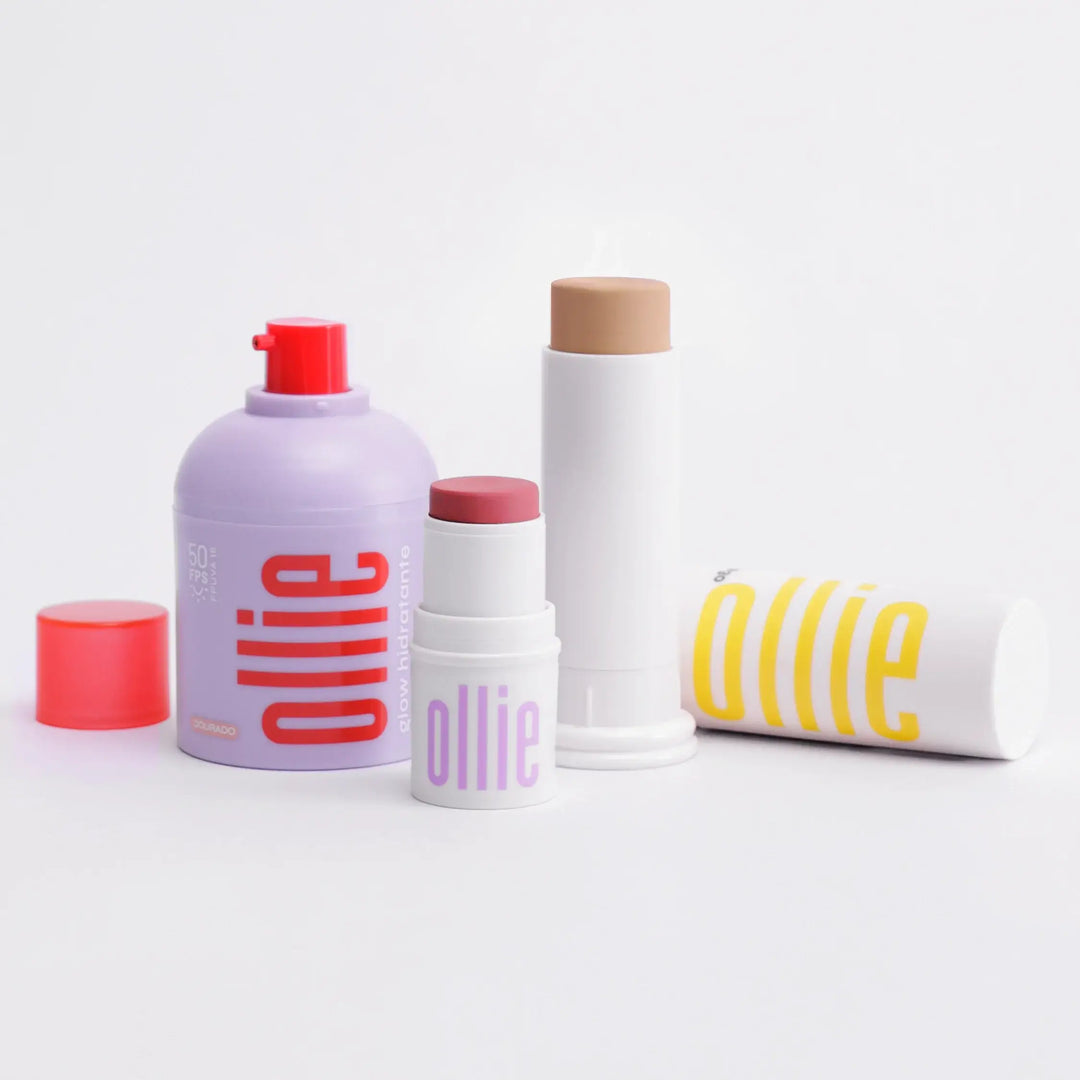 trio make iluminada ollie: bastão com cor fps 95, bastão 3 em 1 e glow hidratante facial fps 50, reunidos em um só kit