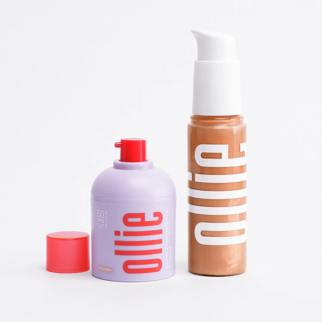 kit pele de verão o ano todo, composta por iluminador glow corporal e hidratente glow hidratante facial da Ollie, ambos em fundo branco.