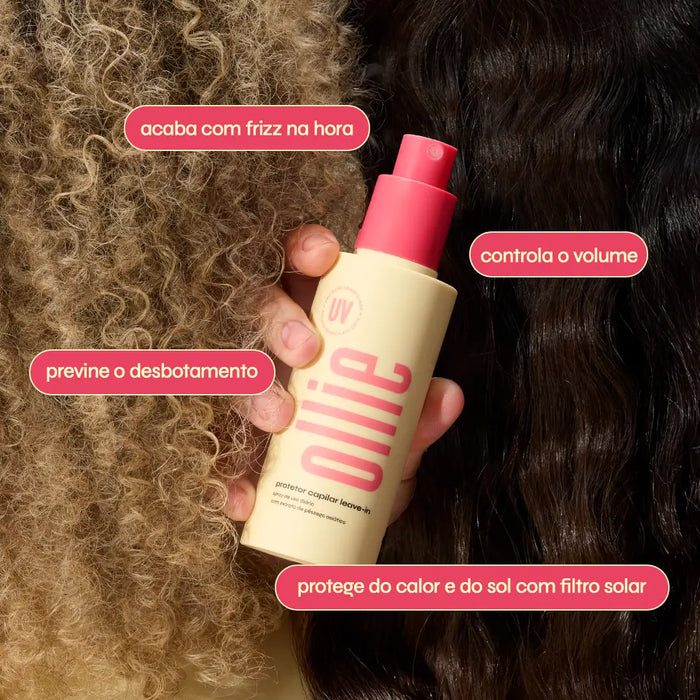 mão aplicando o protetor capilar leave-in ollie no cabelo cacheado: acaba com o frizz, controla o volume, previne o desbotamento e protege do calor e do sol