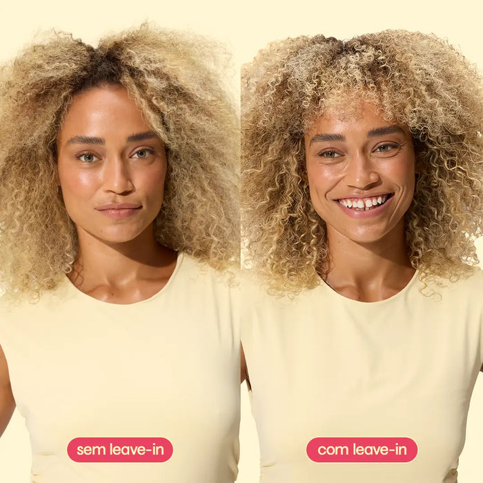 modelos com cabelo liso e cacheado em tons claros usando o protetor capilar leave-in ollie
