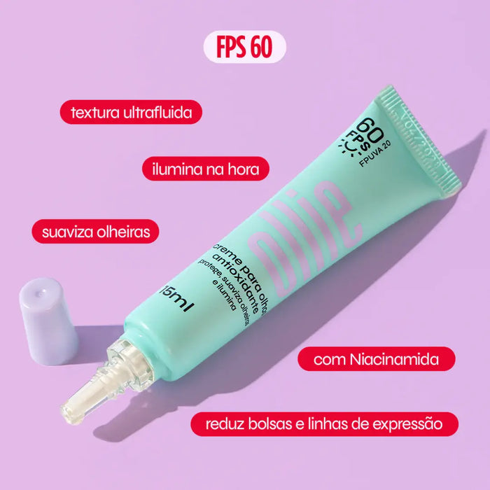 Creme para olhos antioxidante da Ollie, fps 60 textura ultrafluida, ilumina na hora, suaviza olheiras, com niacinamida. Reduz bolsas e linhas de expressão.